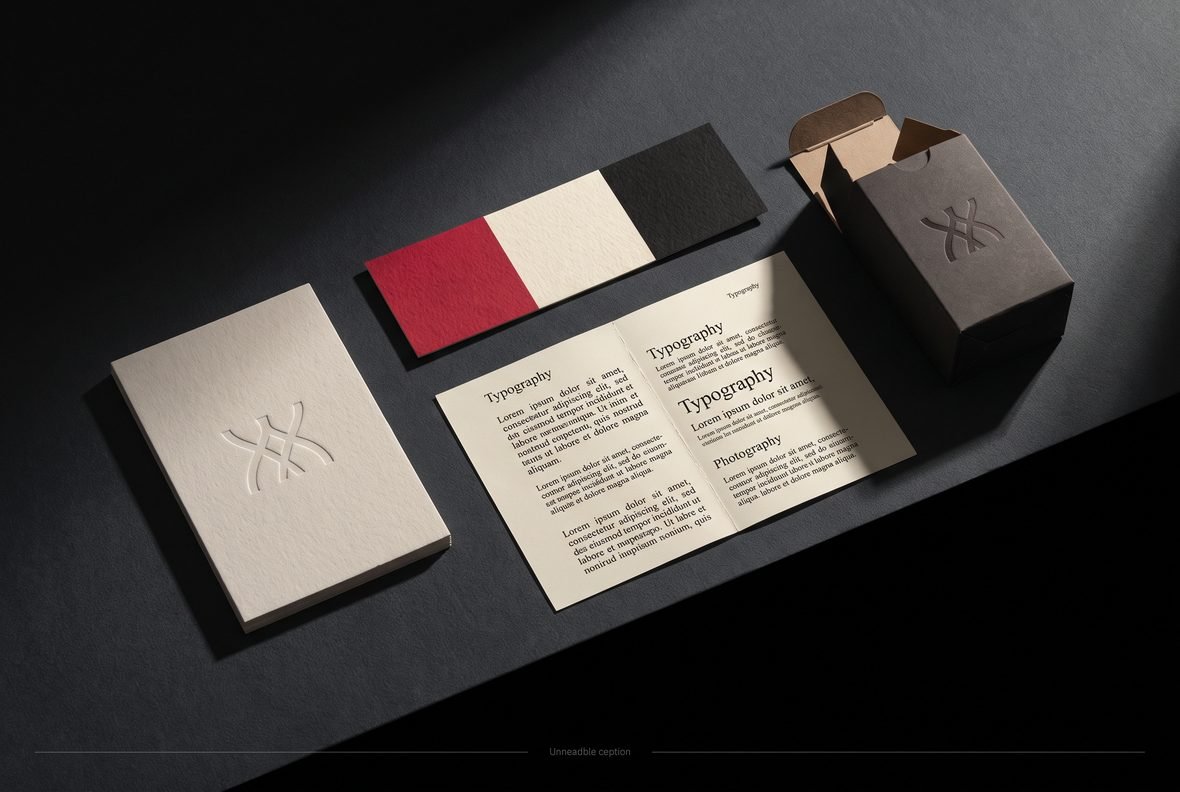 Printed Aurora brand collateral — cards, palette and packaging