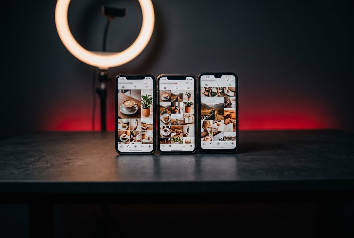 Phones showing the Peak social feed on a lit shoot table